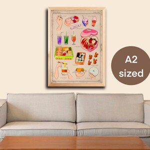 Puede incluir: Un p&oacute;ster enmarcado de tama&ntilde;o A2 con ilustraciones coloridas de varios alimentos y bebidas, incluyendo sushi, helado y zumo. La obra de arte tiene una est&eacute;tica vintage, con un fondo marr&oacute;n claro y un marco de madera. Tama&ntilde;o A2.