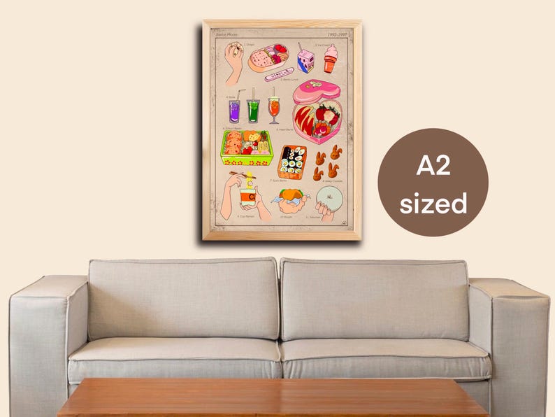 Puede incluir: Un p&oacute;ster enmarcado de tama&ntilde;o A2 con ilustraciones coloridas de varios alimentos y bebidas, incluyendo sushi, helado y zumo. La obra de arte tiene una est&eacute;tica vintage, con un fondo marr&oacute;n claro y un marco de madera. Tama&ntilde;o A2.
