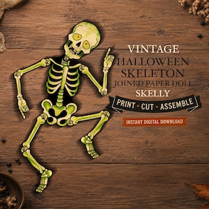 Könnte beinhalten: Eine Gliederpuppe aus Papier in Form eines Vintage-Halloween-Skeletts namens Skelly mit gelben und grünen Knochenillustrationen. Der Text lautet VINTAGE HALLOWEEN SKELETON JOINED PAPER DOLL SKELLY PRINT CUT ASSEMBLE INSTANT DIGITAL DOWNLOAD.