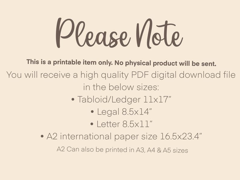 Puede incluir: Un anuncio de descarga digital con el texto "Please Note" en marr&oacute;n. El texto explica que el art&iacute;culo es un PDF imprimible en varios tama&ntilde;os, incluyendo 27,9 x 43,2 cm, 21,6 x 35,6 cm y 21,6 x 27,9 cm.