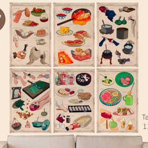 May include: A set of six illustrated food-themed posters, each depicting various dishes and cooking processes. The posters are on a beige background and are labeled "Tabloid 11x17". A circular label reads "Bundle Of 6".