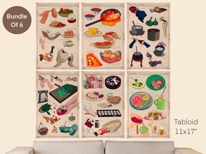 May include: A set of six illustrated food-themed posters, each depicting various dishes and cooking processes. The posters are on a beige background and are labeled "Tabloid 11x17". A circular label reads "Bundle Of 6".