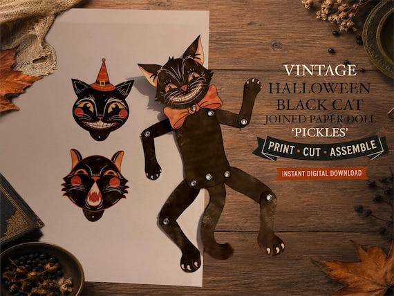 Vintage Halloween Black Cat Paper Doll | Printable Jointed Paper Puppet | DIY Halloween Craft | Articulated Vintage Cat Decoration | Digital