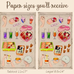 Puede incluir: Dos impresiones con ilustraciones de comida y bebida con tem&aacute;tica de Sailor Moon. Las impresiones est&aacute;n etiquetadas como "Tabloide 11x17 pulgadas" y "Legal 8.5x14 pulgadas". La parte superior de la imagen tiene el texto "Tama&ntilde;os de papel que recibir&aacute;s".