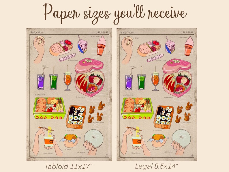 Puede incluir: Dos impresiones con ilustraciones de comida y bebida con tem&aacute;tica de Sailor Moon. Las impresiones est&aacute;n etiquetadas como "Tabloide 11x17 pulgadas" y "Legal 8.5x14 pulgadas". La parte superior de la imagen tiene el texto "Tama&ntilde;os de papel que recibir&aacute;s".