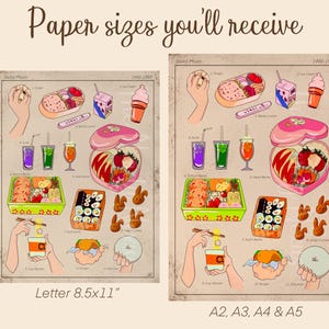 Puede incluir: Una impresi&oacute;n de estilo vintage con ilustraciones tem&aacute;ticas de Sailor Moon de alimentos como cajas bento, sushi y helados. La impresi&oacute;n incluye el texto "Paper sizes you'll receive" y enumera tama&ntilde;os de papel.