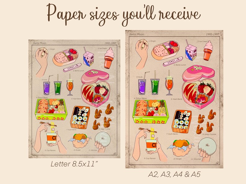 Puede incluir: Una impresi&oacute;n de estilo vintage con ilustraciones tem&aacute;ticas de Sailor Moon de alimentos como cajas bento, sushi y helados. La impresi&oacute;n incluye el texto "Paper sizes you'll receive" y enumera tama&ntilde;os de papel.