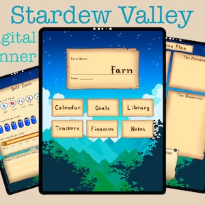 Może przedstawiać: Cyfrowa aplikacja do planowania dla Stardew Valley, z niebieskim tłem i górskim krajobrazem. Aplikacja zawiera sekcje dla samoopieki, kalendarza, celów, biblioteki, śledzenia, finansów i notatek. Aplikacja zawiera również sekcję dla planu farmy, z polami dla nazwy farmy, roku, motywacji i zasobów.