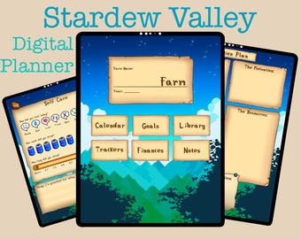 May include: A digital planner app for Stardew Valley, with a blue background and a mountain landscape. The app has sections for self-care, calendar, goals, library, trackers, finances, and notes. The app also has a section for a farm plan, with fields for the farm name, year, motivation, and resources.