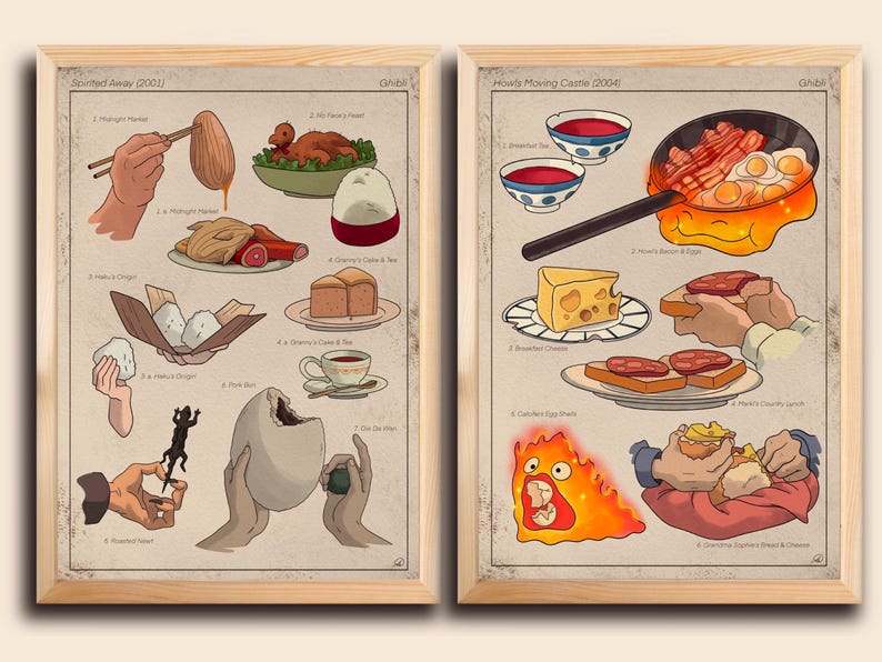 May include: Two framed art prints featuring illustrations of food from Studio Ghibli films, including dishes from "Spirited Away" and "Howl's Moving Castle." The prints have a vintage aesthetic with a beige background and wooden frames.