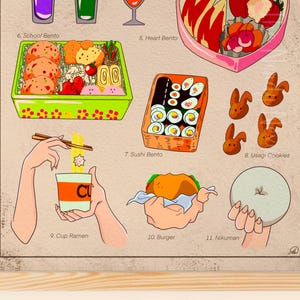 Puede incluir: Una impresi&oacute;n enmarcada con ilustraciones de varios alimentos japoneses. Incluye un bento escolar, un bento en forma de coraz&oacute;n, sushi bento, galletas Usagi, ramen en taza, hamburguesa y nikuman. La impresi&oacute;n tiene un fondo marr&oacute;n claro y un marco de madera.