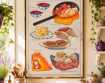 May include: A framed poster featuring illustrations of food items from the animated film "Howl's Moving Castle." The poster includes images of breakfast tea, bacon and eggs, cheese, sandwiches, and a fiery creature. Text on the poster reads "Howl's Moving Castle (2004)" and "Ghibli."