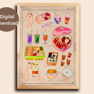 Puede incluir: Descarga digital de un p&oacute;ster enmarcado con ilustraciones de comida de Sailor Moon, como cajas bento, sushi, helado y ramen en taza. El p&oacute;ster tiene una est&eacute;tica vintage con fondo marr&oacute;n claro y marco de madera.