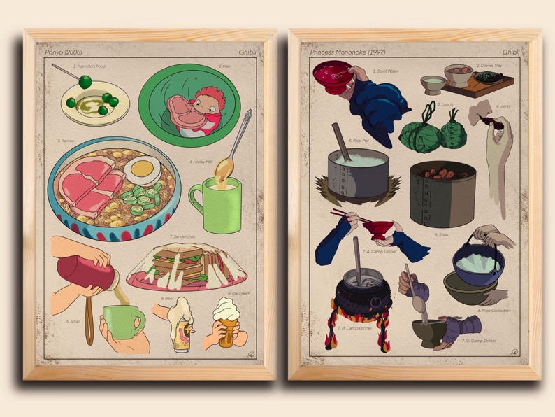 May include: Two framed prints featuring colorful illustrations of food from Studio Ghibli films. One print is labeled "Ponyo 2008" and the other "Princess Mononoke 1997". Each print showcases various dishes and culinary scenes.
