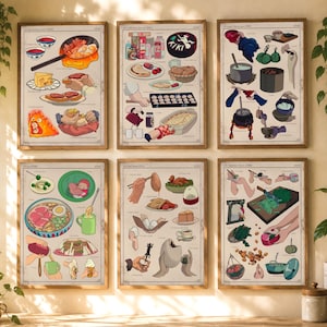 May include: Six framed art prints featuring illustrated food scenes from animated films. Each print showcases various dishes and culinary elements, with a vintage aesthetic and wooden frames. The prints are arranged in a grid formation.