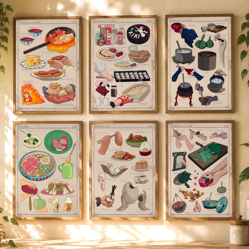 May include: Six framed art prints featuring illustrated food scenes from animated films. Each print showcases various dishes and culinary elements, with a vintage aesthetic and wooden frames. The prints are arranged in a grid formation.