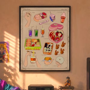 Puede incluir: Un p&oacute;ster enmarcado con ilustraciones de alimentos tem&aacute;ticos de Sailor Moon, que incluyen cajas bento, sushi y helado. El p&oacute;ster tiene una est&eacute;tica vintage con el texto "Sailor Moon 1992-1997" en la parte superior.