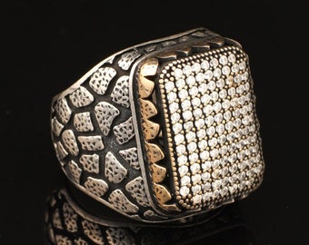 Sapphire Stone Ring, witte micro steen ring, Turkse handgemaakte Ottomaanse stijl ring, 925k sterling zilveren ring, cadeau voor hem