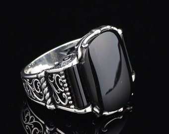 Zwarte Onyx Heren Ring, Elegante Ring, Zwarte Onyx Ring Sterling Zilver, Geoxideerde Zilveren Ring, Cadeau voor Hem