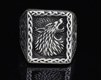 Sterling Silver Wolf Signet Ring, Animal Ring For Him