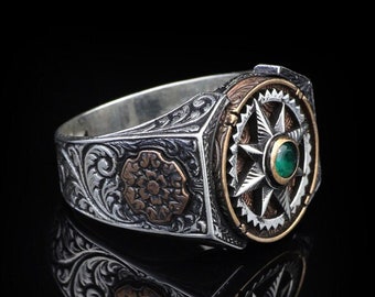 Emerald Ring Men, Compass Silver Emerald Ring, Stress Wheel Design, Natural Stone Ring, Cadeau voor echtgenoot