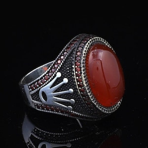 Carnelian Stone Ring, Red Stone Ring , Crown Carnelian Ring Silver , Crown Ring, Sterling Silver Ring ,Gift For Him