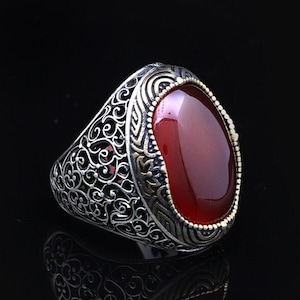 Carnelian Stone Ring, Red Stone Ring , Carnelian Ring Silver Engraved Ring Handmade Ring, Sterling Silver Ring ,Gift For Him ,