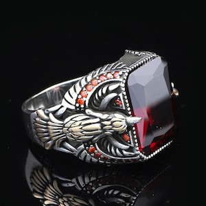 Sterling Silver Phoenix Ring: Handcrafted Ruby Gemstone, Mythical Design