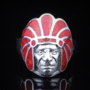 Indianer Häuptling Handgemachter Silber Männer Ring, Roter Amerikanischer Häuptling Sterling Silber Männer Schmuck, Biker Ring, Erinnerungsgeschenk, Amerikanisches Geschenk