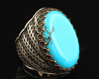 Turquoise  Large Stone Ring Men, Mens Ring, Turquoise Oval Gemstone Ring , Ottoman Men Ring , Turkish handmade , Gift for Him