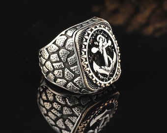 BySilverStone Men's Anchor Signet Ring - Handmade 925 Sterling Silver, Oxidized Sailor Design, Sizes 5-15