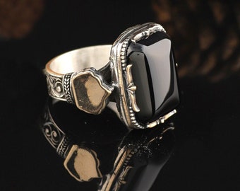メンズハンドメイドオニキスリング、ブラックオニキスジェムストーン