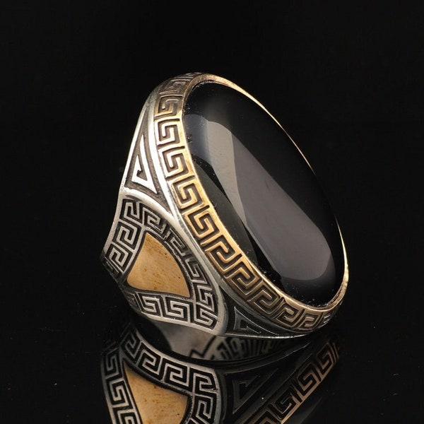 Grande bague en pierre d'onyx, bague en pierre d'onyx pour homme, bague en pierre d'onyx noir, bague faite main de style ottoman, cadeau pour lui, cadeau pour mari