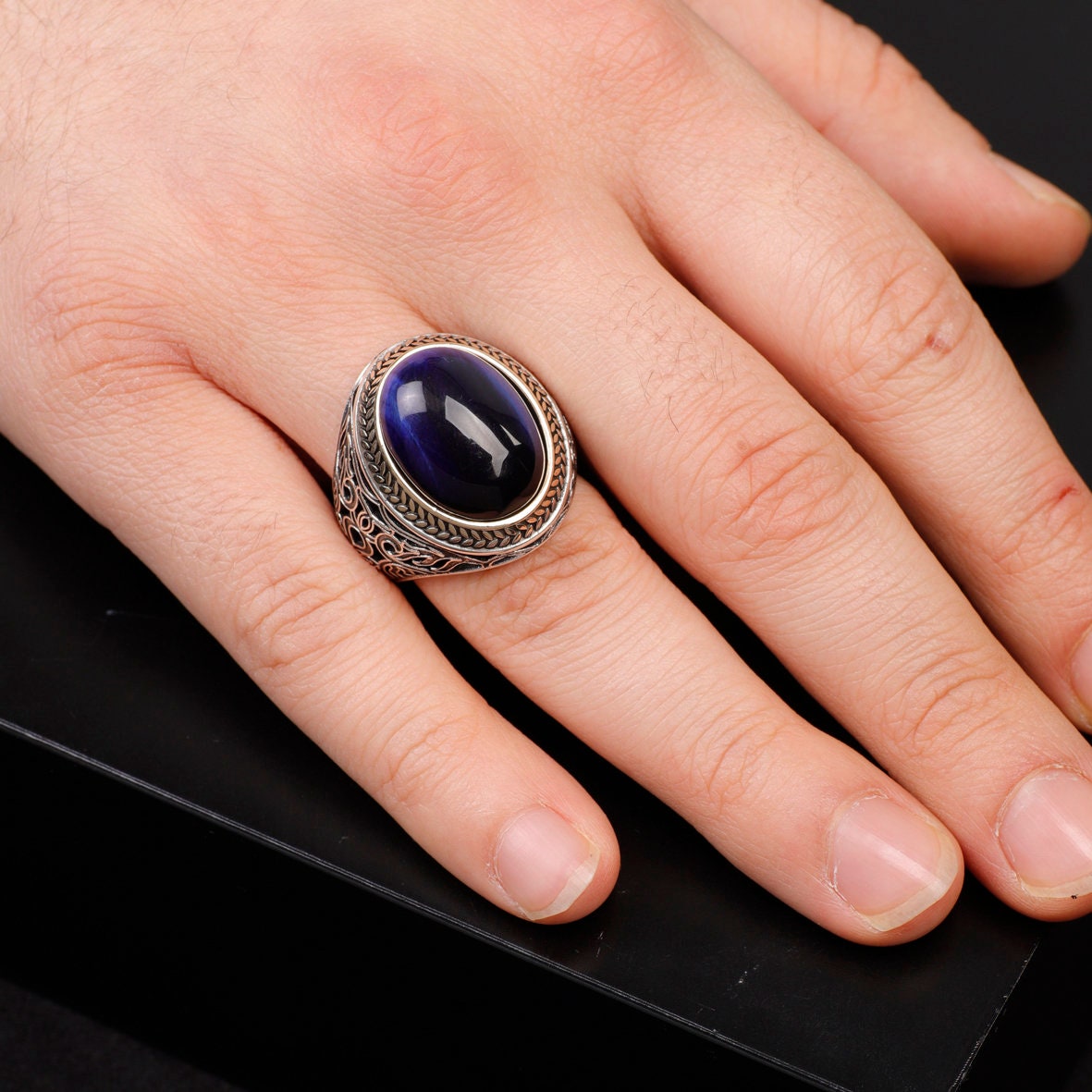Jewellery Pit - Handmade Blue Tiger Eye Men's Ring - 925 Jewellery Pit - Handmade Blue Tiger Eye Men's Ring - 925