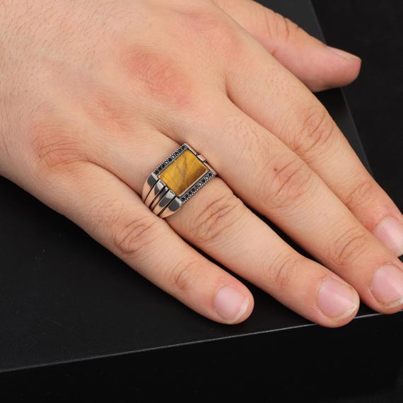 Vintage chevalière oeil de tigre pour homme Bague en argent