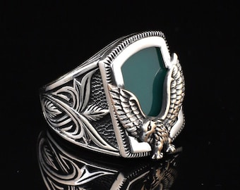 Jewellery Pit - Handmade Jade Gemstone Eagle Ring for Men Vintage 925 Sterling Silver, with Silver Polishing Cloth Gift