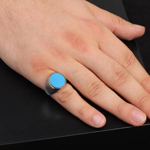 Handmade Turquoise Pinky Signet Ring for Men, Vintage 925 Sterling Silver Gemstone Ring, Polished Engagement Ring with Custom Engraving Ring