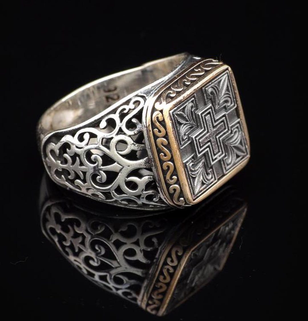 Men's Sterling Silver Cross Signet Ring: Vintage Christian