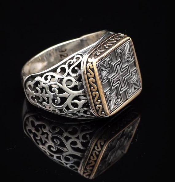 Men's Sterling Silver Cross Signet Ring: Vintage Christian