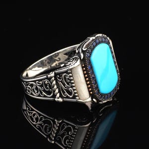 Men&#39;s Turquoise Signet Ring | Vintage Ottoman Style Pinky Ring | Handmade Sterling Silver Gemstone Engagement Ring with Custom Engraving