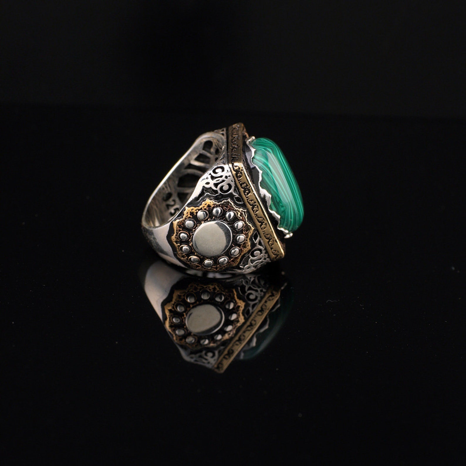 925 Sterling Silver Malachite Ring For Men – Square Signet Style, Turkish Handmade Gemstone Jewelry