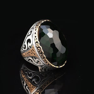 Anel de esmeralda com pedra oval - Feito à mão, estilo otomano, anel grande com pedra preciosa para homens - Anel de prata esterlina 925, pano de polimento de prata para presente