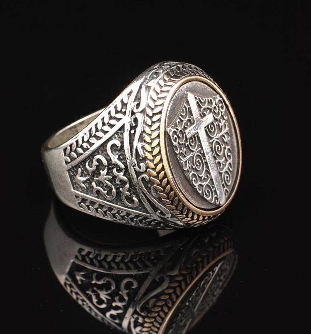 Vintage Shield Cross Signet Ring: Sterling Silver Christian