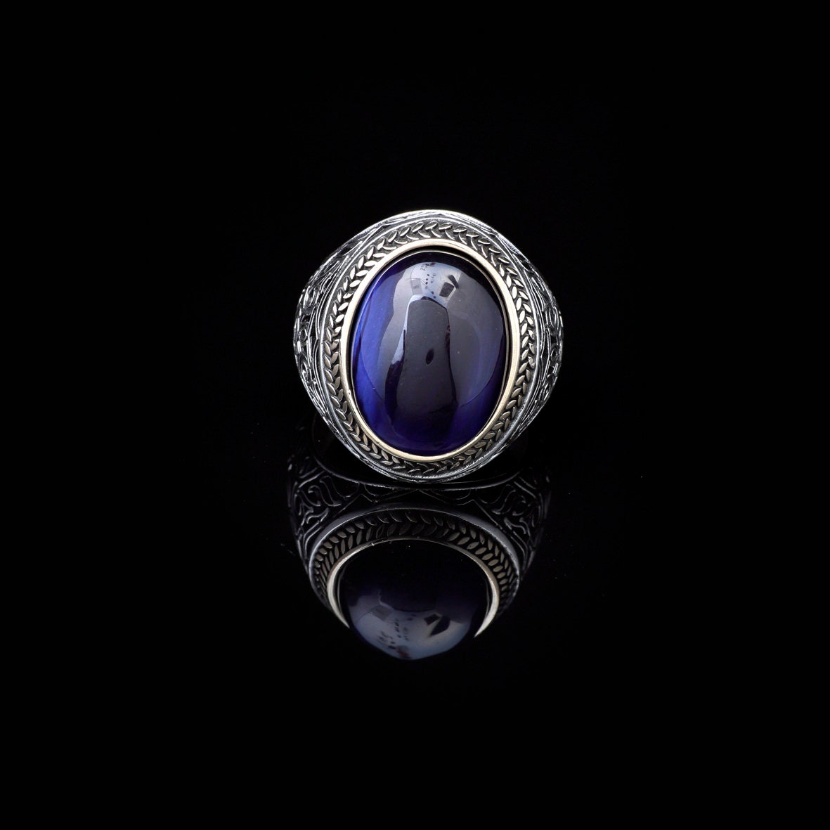 Jewellery Pit - Handmade Blue Tiger Eye Men's Ring - 925