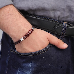 Vintage Men Leather Bracelet with Natural Ruby Stone in Sterling Silver – Personalized, Hand-Engraved, Handmade Bracelet, Anniversary Gift