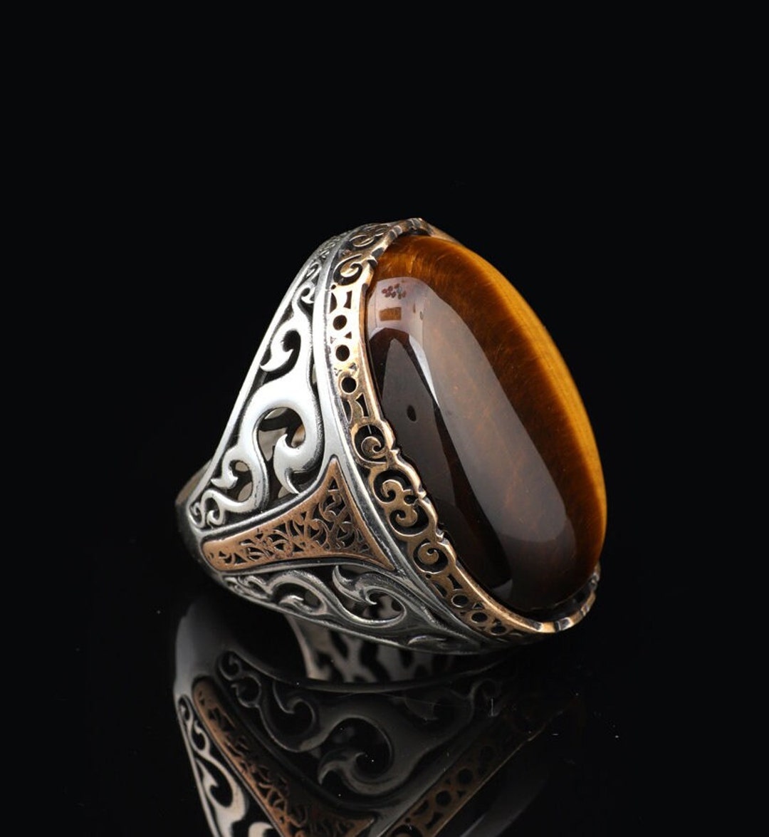 Men's Vintage Tiger Eye Ring - Handmade Oval Gemstone Men's Vintage Tiger Eye Ring - Handmade Oval Gemstone