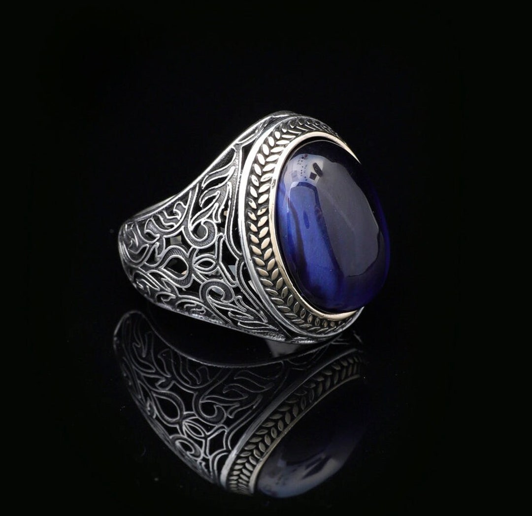 Jewellery Pit - Handmade Blue Tiger Eye Men's Ring - 925