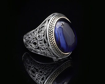 Jewellery Pit - Anillo hecho a mano con ojo de tigre azul para hombre - Joyería de plata de ley 925 con paño de pulido de plata para regalo