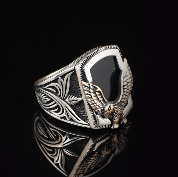 Handmade Onyx Eagle Ring: Vintage 925 Sterling Silver Men's