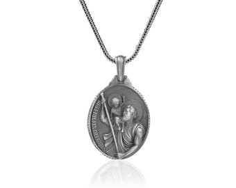 Handmade Sterling Silver Saint Christopher Necklace - Gothic Oxidized Chain
